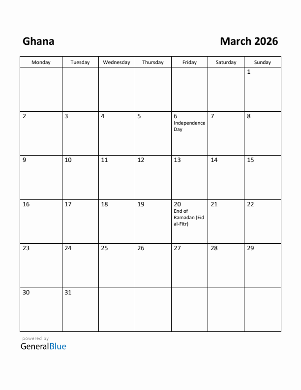 March 2026 Calendar with Ghana Holidays