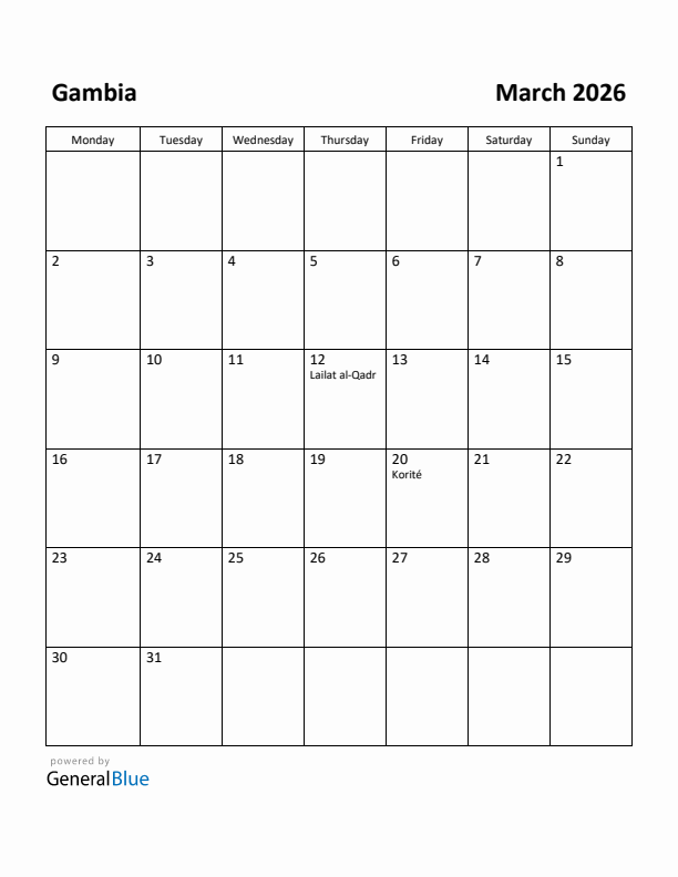 March 2026 Calendar with Gambia Holidays
