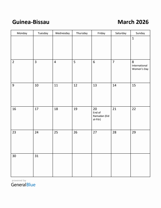 March 2026 Calendar with Guinea-Bissau Holidays