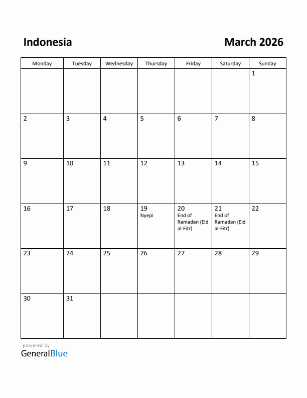 March 2026 Calendar with Indonesia Holidays
