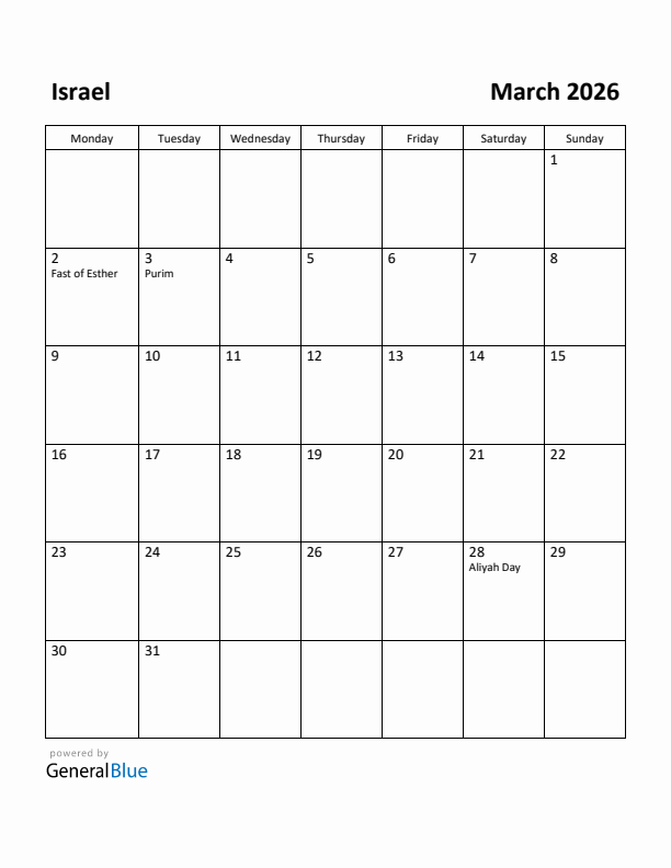 March 2026 Calendar with Israel Holidays