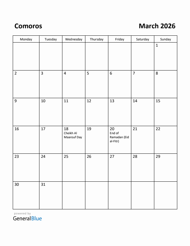 March 2026 Calendar with Comoros Holidays