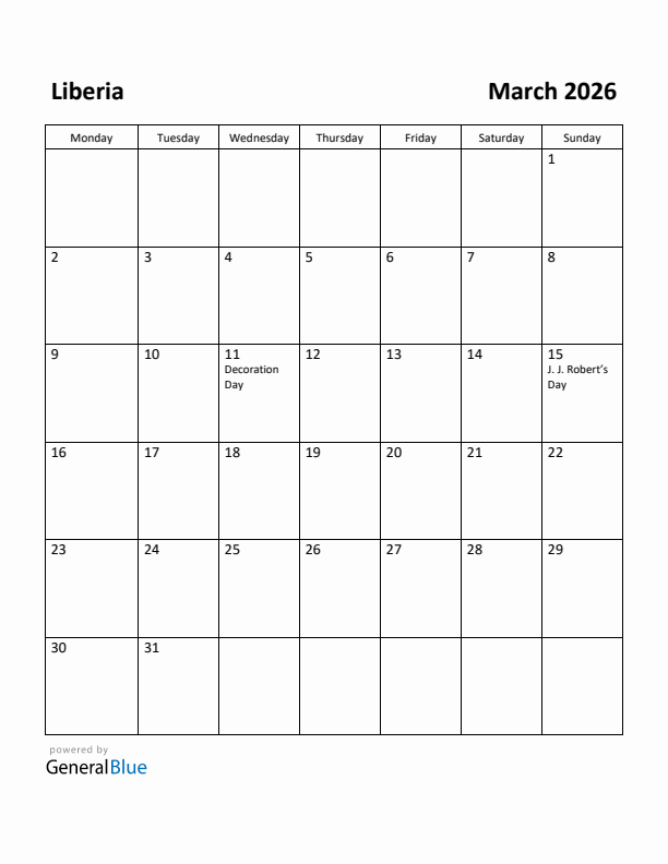 March 2026 Calendar with Liberia Holidays