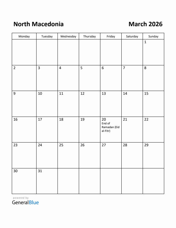 March 2026 Calendar with North Macedonia Holidays