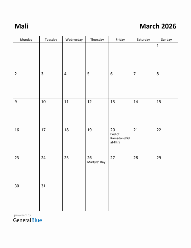 March 2026 Calendar with Mali Holidays