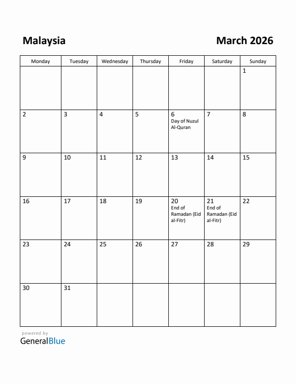 March 2026 Calendar with Malaysia Holidays