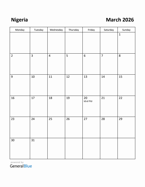 March 2026 Calendar with Nigeria Holidays
