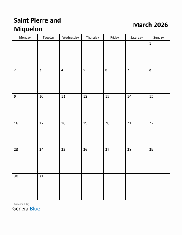 March 2026 Calendar with Saint Pierre and Miquelon Holidays