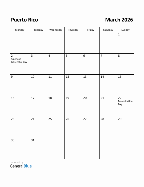 March 2026 Calendar with Puerto Rico Holidays