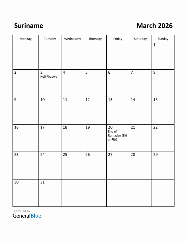 March 2026 Calendar with Suriname Holidays