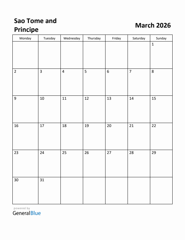 March 2026 Calendar with Sao Tome and Principe Holidays