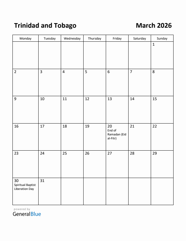 March 2026 Calendar with Trinidad and Tobago Holidays