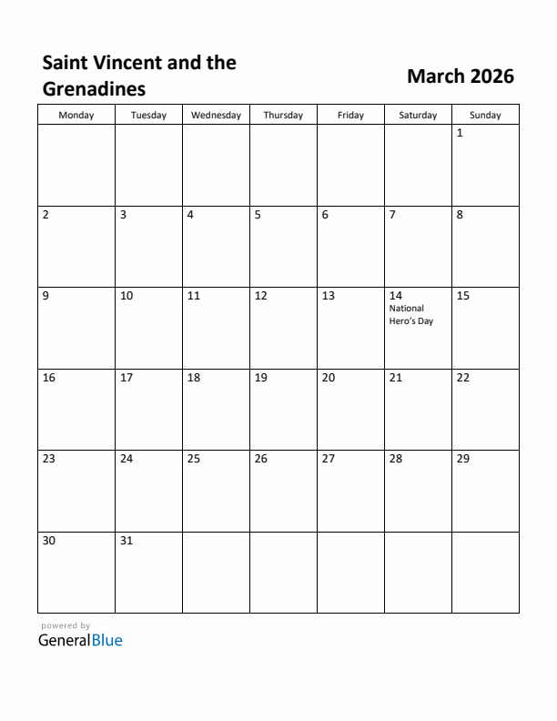 March 2026 Calendar with Saint Vincent and the Grenadines Holidays