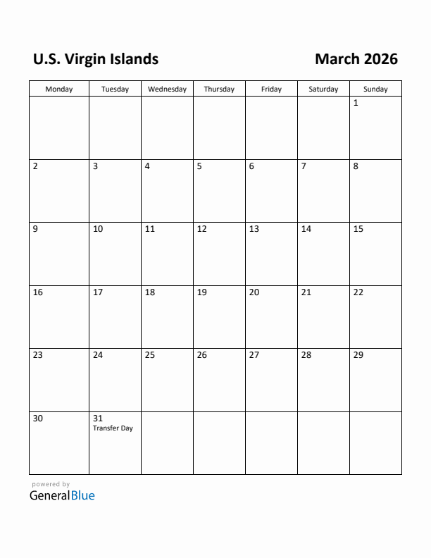 March 2026 Calendar with U.S. Virgin Islands Holidays
