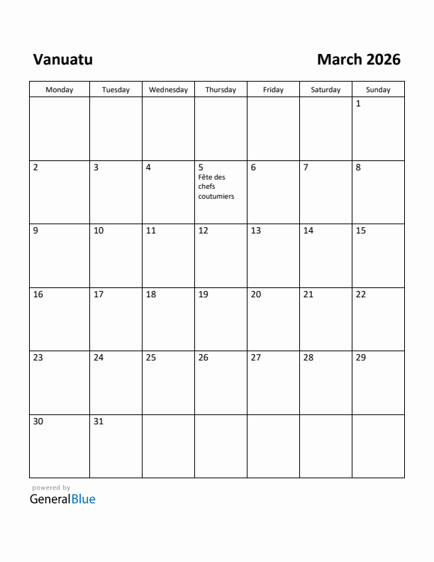 March 2026 Calendar with Vanuatu Holidays