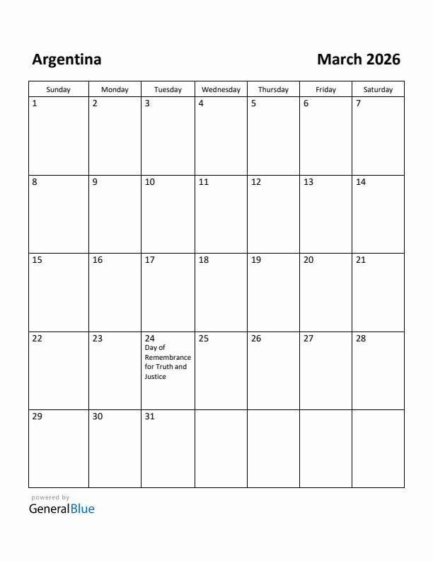 March 2026 Calendar with Argentina Holidays