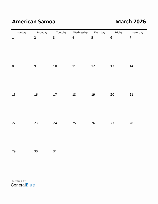 March 2026 Calendar with American Samoa Holidays