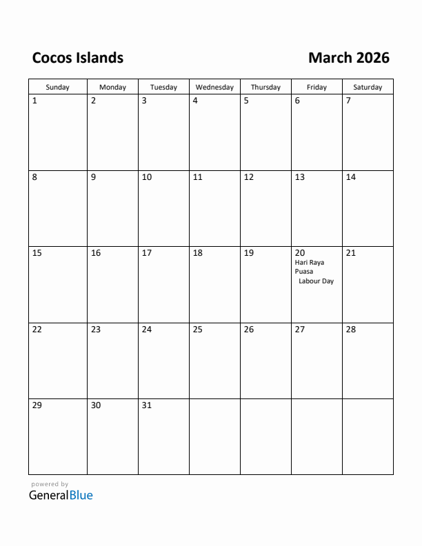 March 2026 Calendar with Cocos Islands Holidays