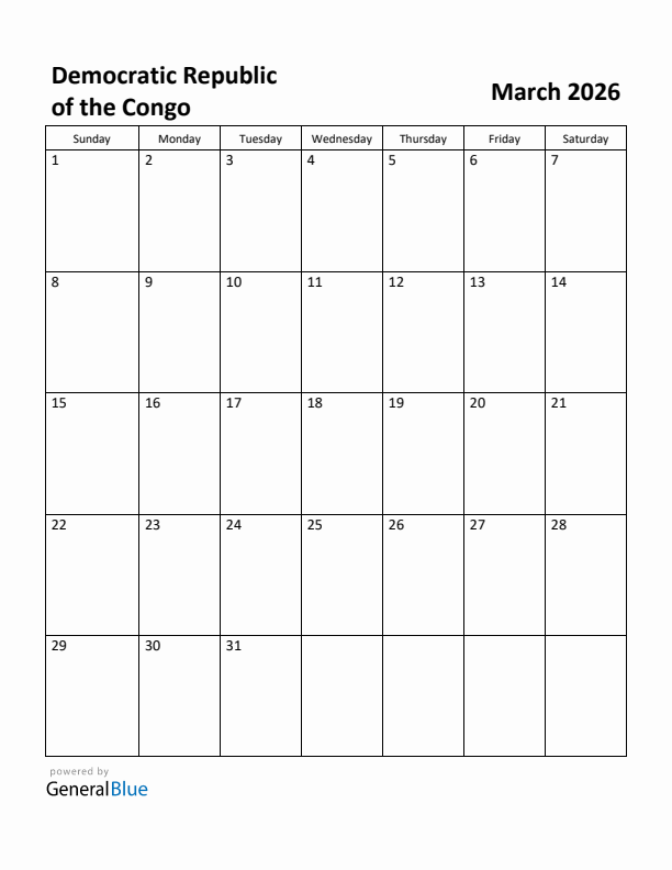 March 2026 Calendar with Democratic Republic of the Congo Holidays