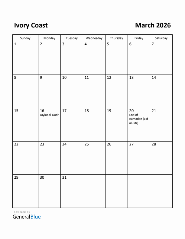 March 2026 Calendar with Ivory Coast Holidays