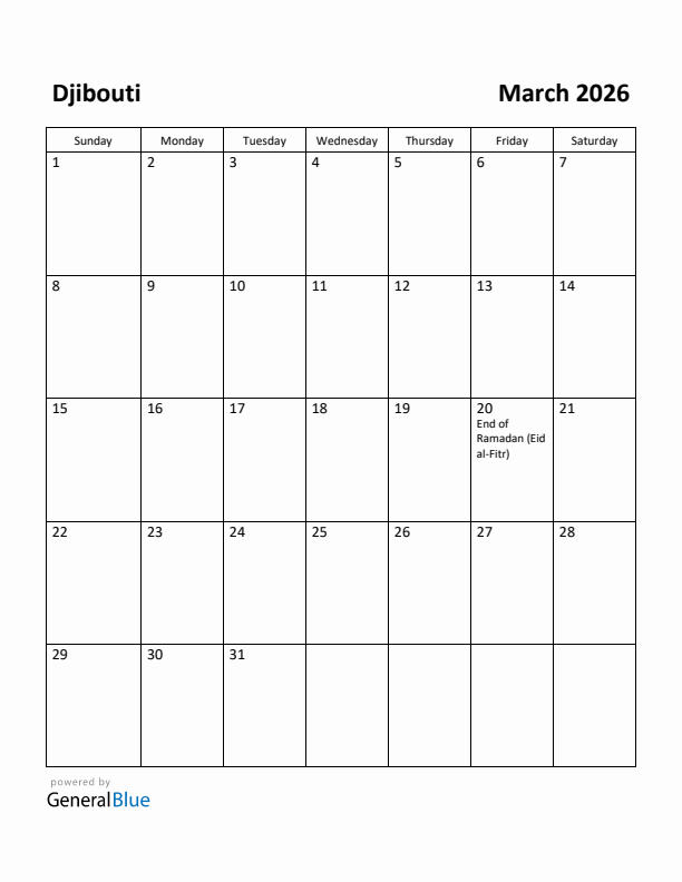 March 2026 Calendar with Djibouti Holidays