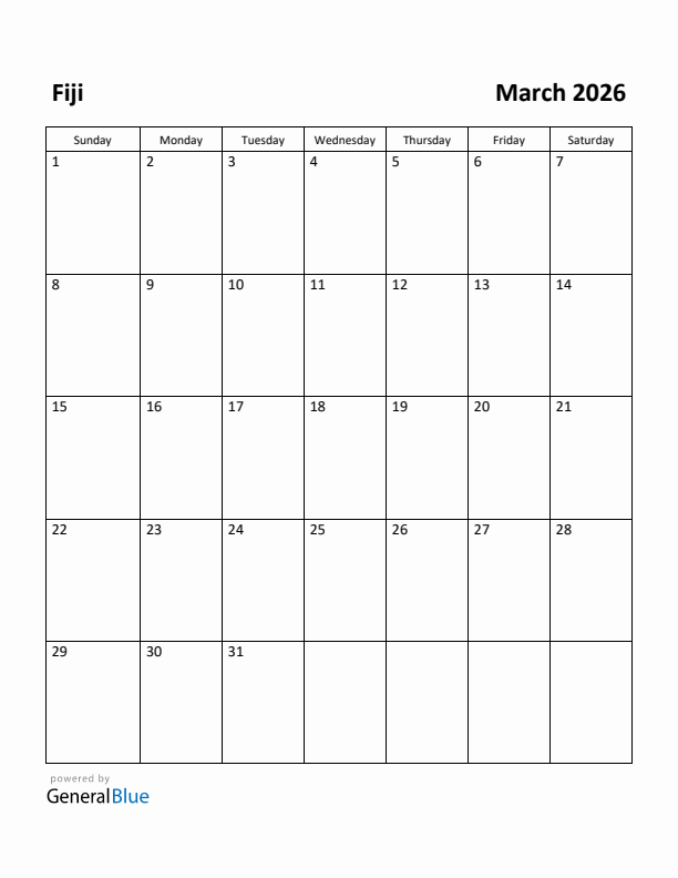 March 2026 Calendar with Fiji Holidays