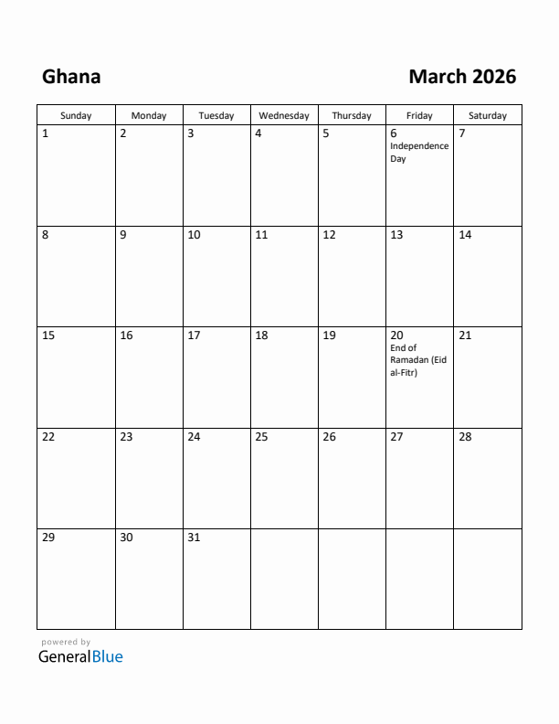 March 2026 Calendar with Ghana Holidays