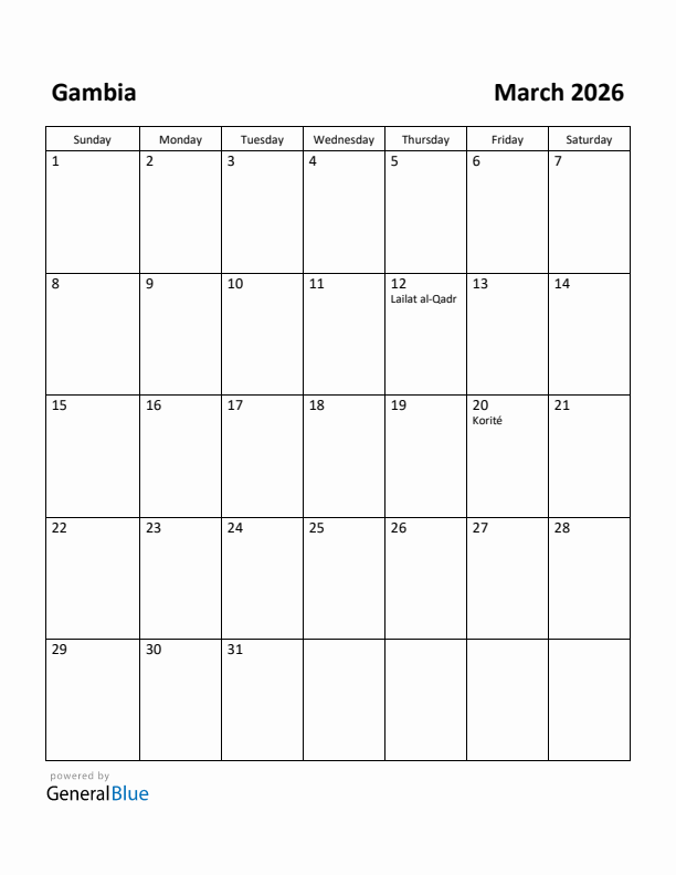 March 2026 Calendar with Gambia Holidays