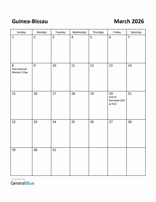 March 2026 Calendar with Guinea-Bissau Holidays
