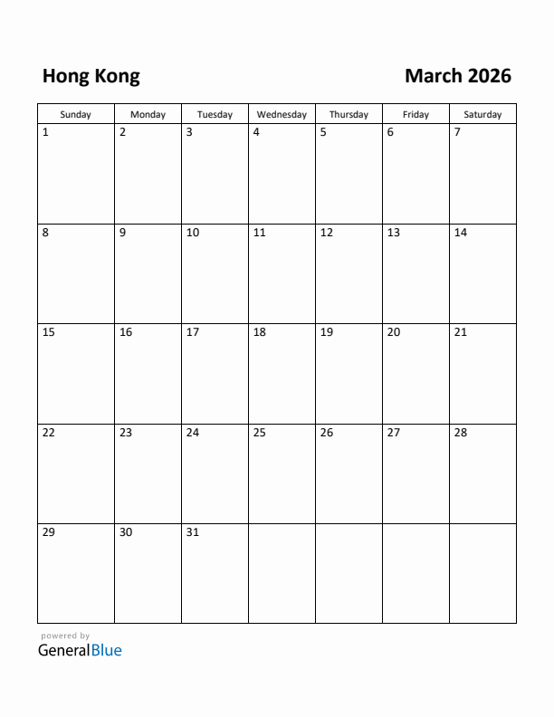 March 2026 Calendar with Hong Kong Holidays