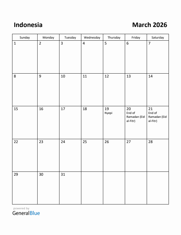 March 2026 Calendar with Indonesia Holidays