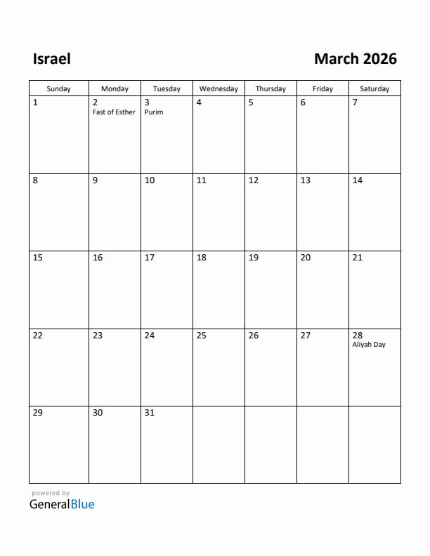 March 2026 Calendar with Israel Holidays