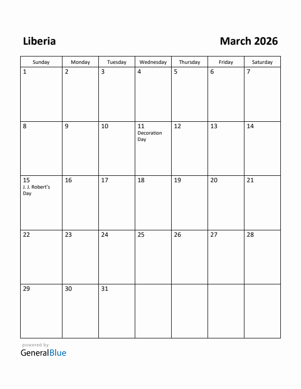March 2026 Calendar with Liberia Holidays