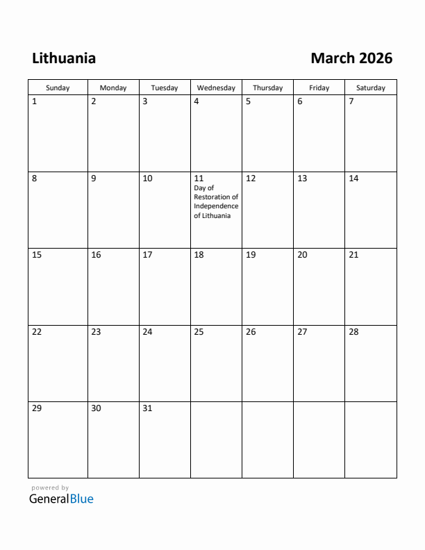 March 2026 Calendar with Lithuania Holidays