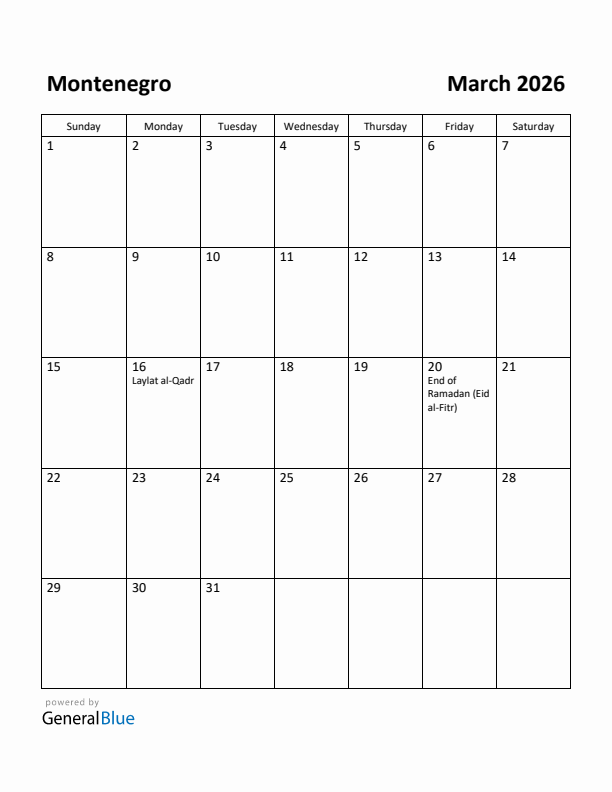 March 2026 Calendar with Montenegro Holidays