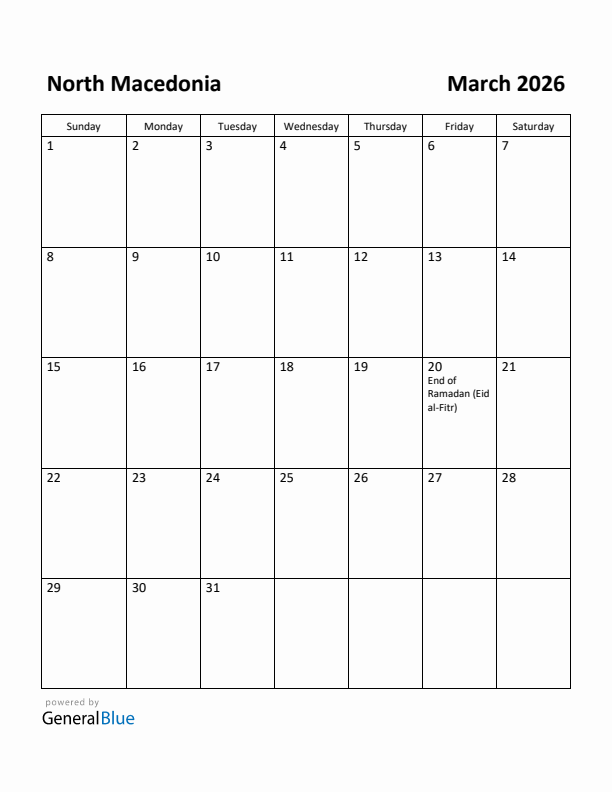 March 2026 Calendar with North Macedonia Holidays