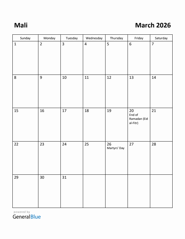 March 2026 Calendar with Mali Holidays