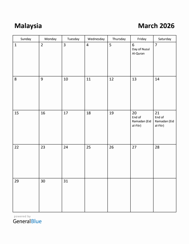 March 2026 Calendar with Malaysia Holidays