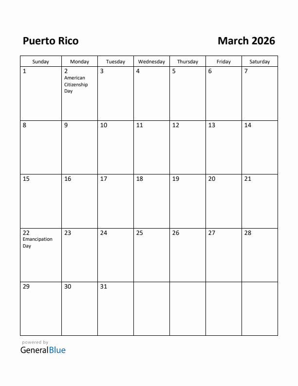 March 2026 Calendar with Puerto Rico Holidays