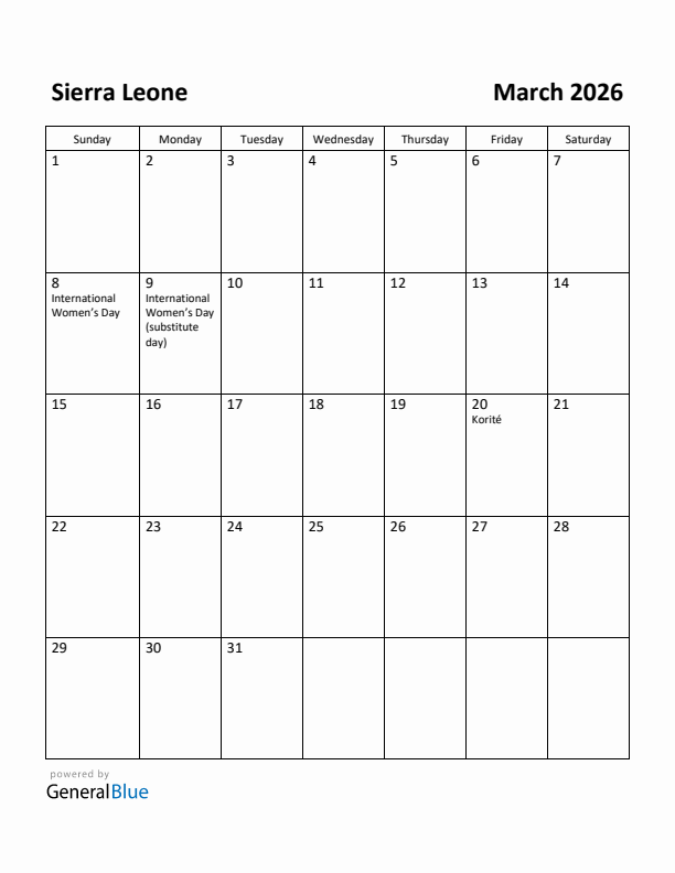 March 2026 Calendar with Sierra Leone Holidays