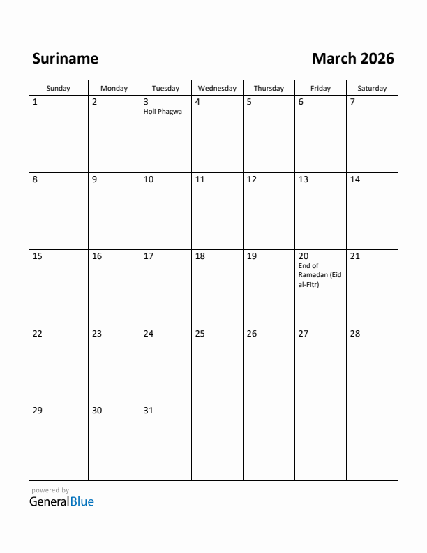 March 2026 Calendar with Suriname Holidays