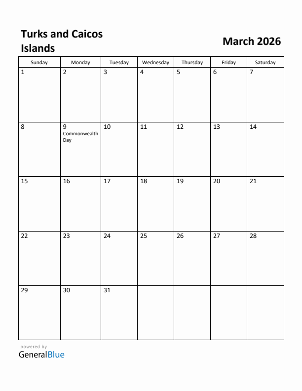 March 2026 Calendar with Turks and Caicos Islands Holidays