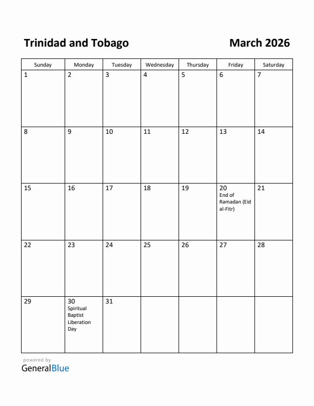 March 2026 Calendar with Trinidad and Tobago Holidays
