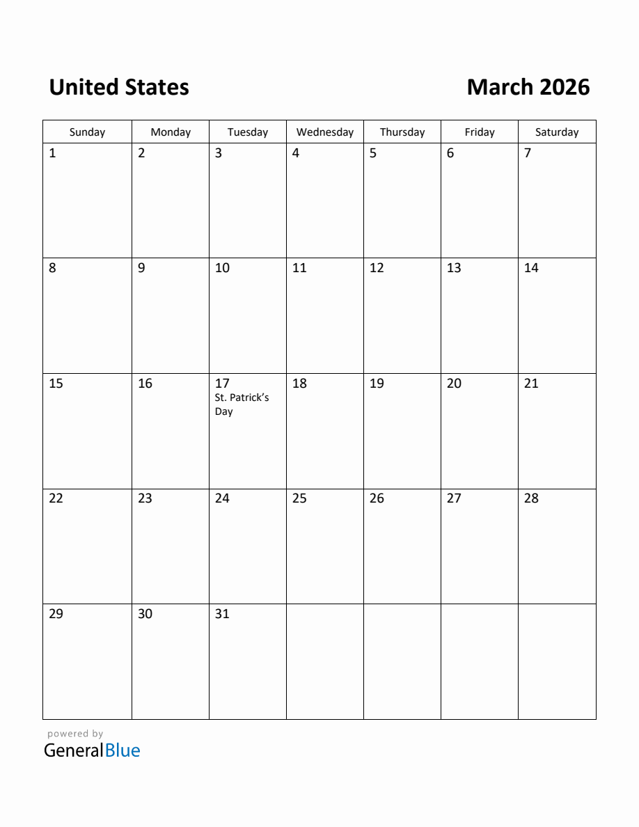 Free Printable March 2026 Calendar for United States
