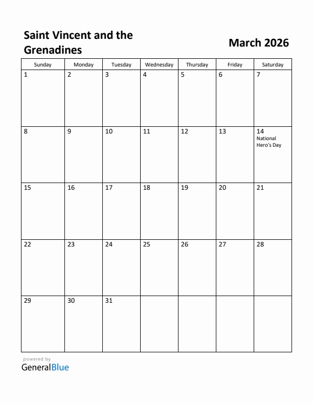 March 2026 Calendar with Saint Vincent and the Grenadines Holidays