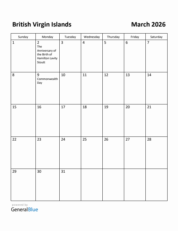 March 2026 Calendar with British Virgin Islands Holidays