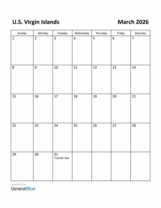 March 2026 Calendar with U.S. Virgin Islands Holidays