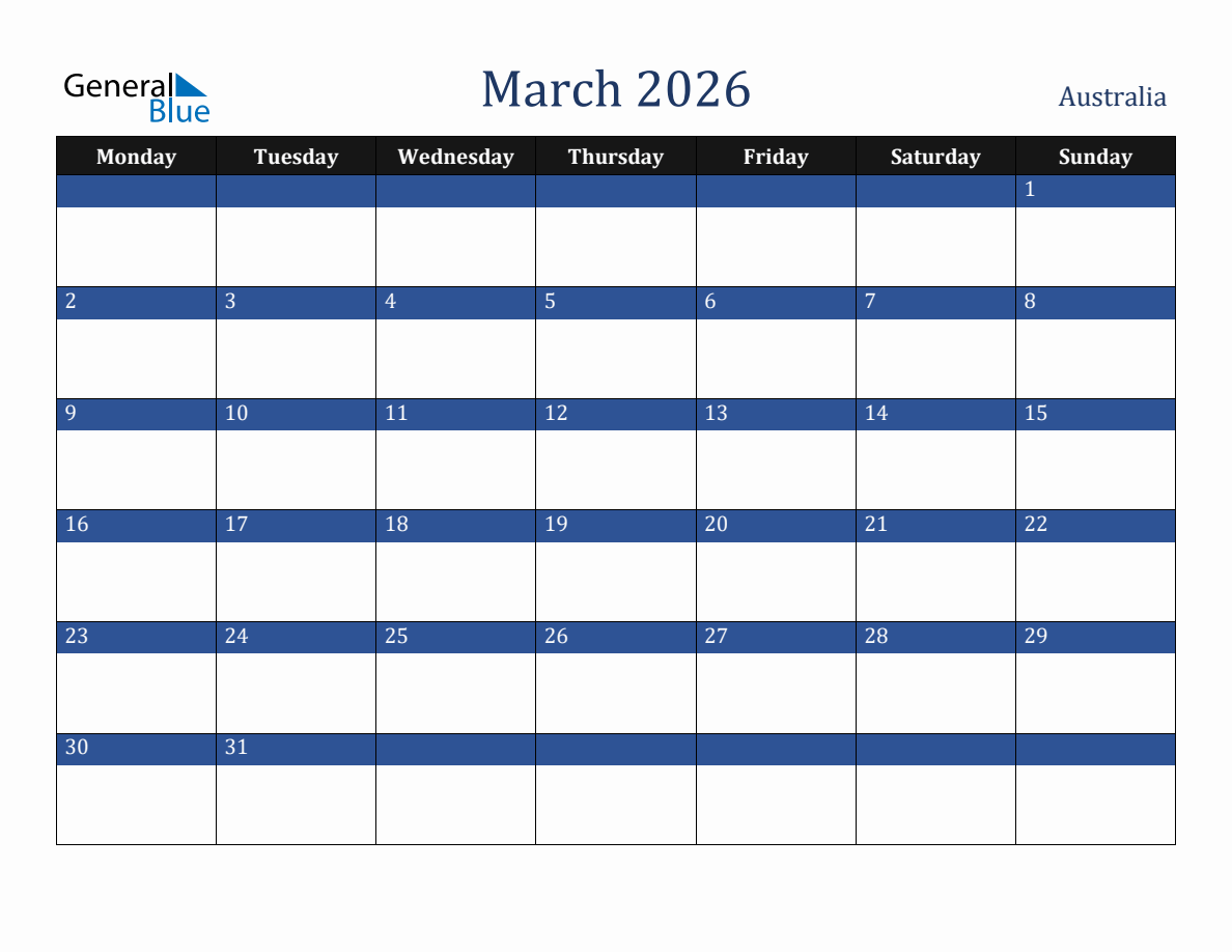 March Australia Holiday Calendar (Monday Start) March Australia Holiday Calendar (Monday Start)