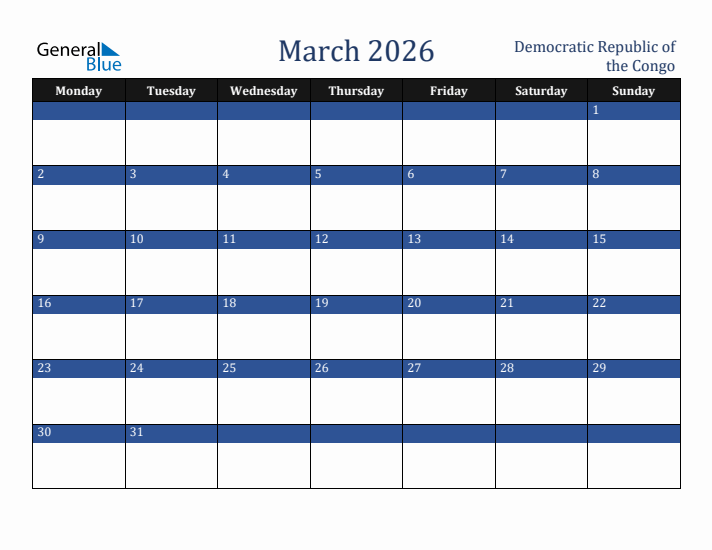 March 2026 Democratic Republic of the Congo Calendar (Monday Start)