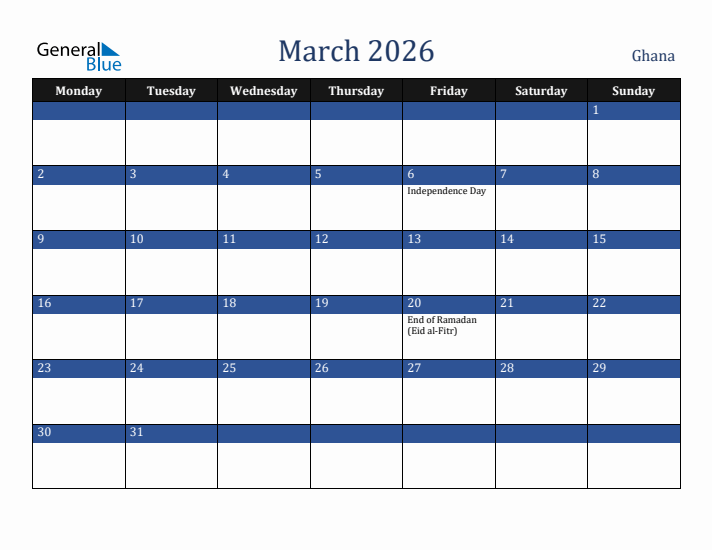 March 2026 Ghana Calendar (Monday Start)